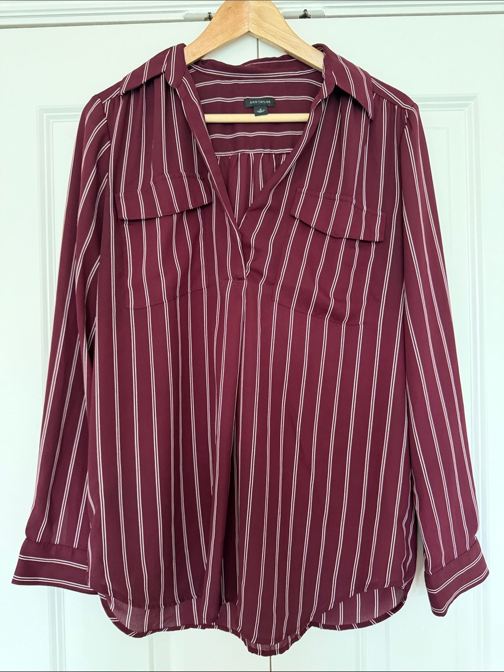 Ann Taylor Burgundy and White Striped V-Neck Blouse